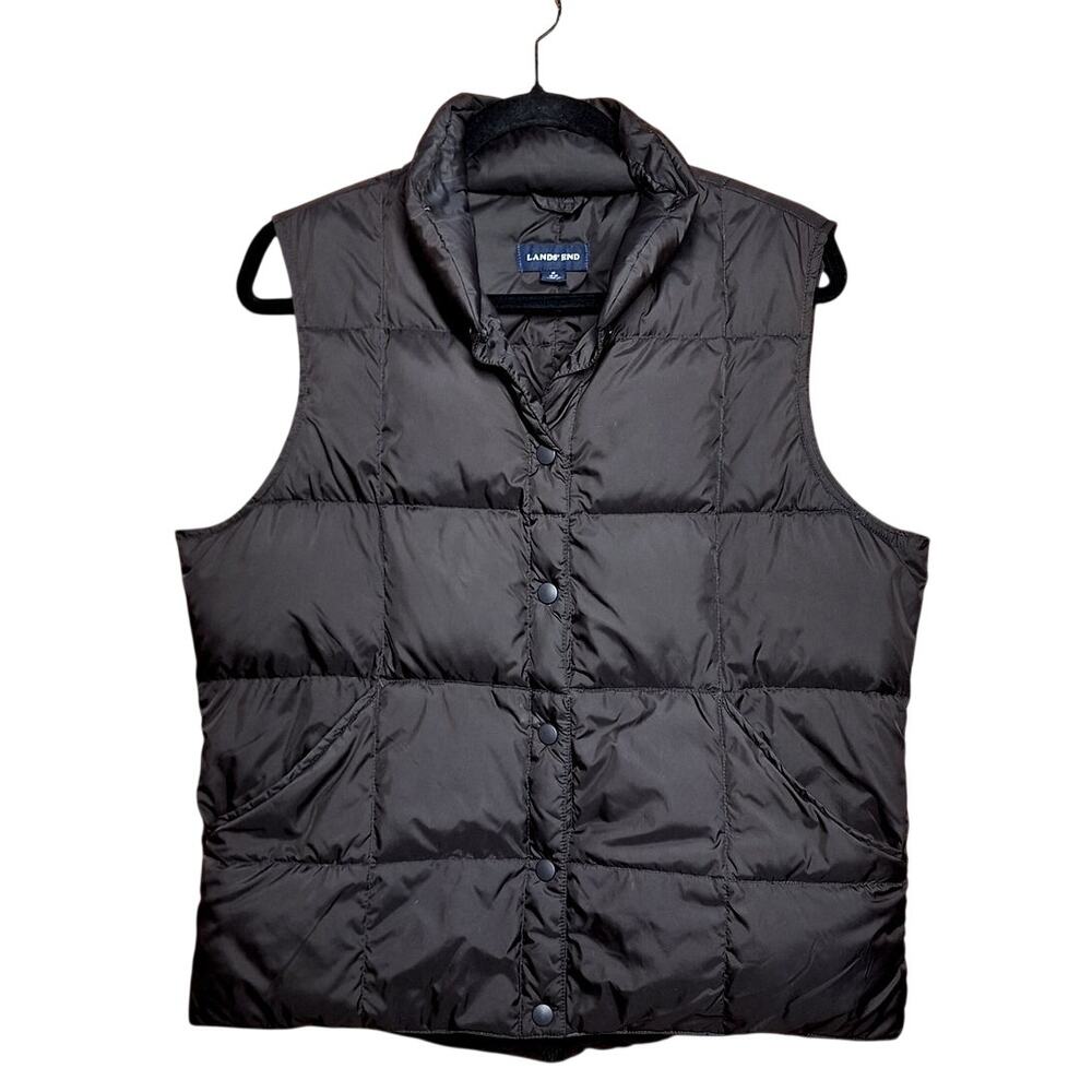 Lands end women's goose down puffer vest snap button closure black quilted